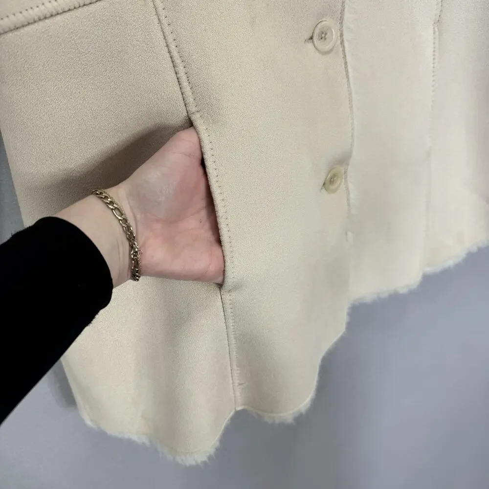 Vintage Mixit Faux Suede Penny Lane‎ Womens XL Beige Faux Fur Lined Y2K Jacket